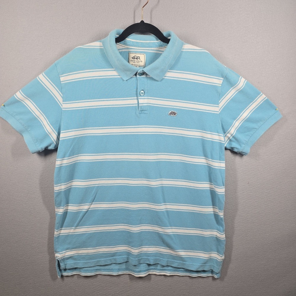 Ecko‎ Unltd Polo Shirt Mens XL Blue White Striped Short Sleeve Casual Rhino Logo